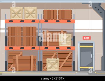 Lager mit Kästen. Lagerhaus Innenraum mit Holzkisten Paletten Container für den Versand, logistische Lieferung Service Konzept Cartoon-Stil. Vektor-Satz von Waren Lager Abbildung Stock Vektor