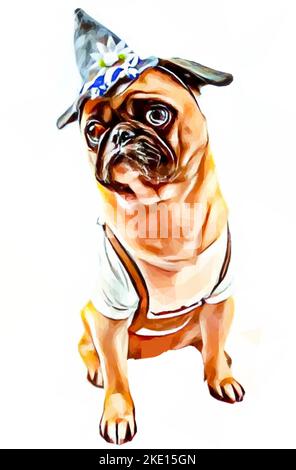 Pug Hund Welpe mit bayerischer Kleidung. Lederhose und weißes Hemd. Maskottchen für das Oktoberfest. Vektordarstellung im Low-Poly-Stil. Stock Vektor