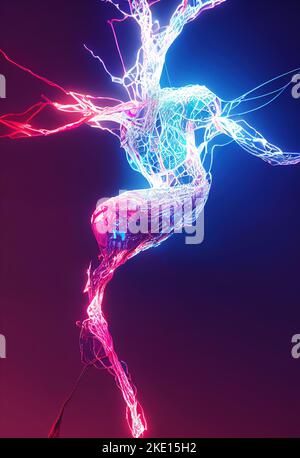 Leuchtende neuronale Figur. Leuchtender neuronaler Strom auf neon-violettblauem Hintergrund. 3D Digitale Abbildung. Stockfoto