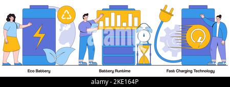 Eco-Batterie, Akkulaufzeit und schnelle Ladetechnologie Konzepte mit Menschen Charaktere. Illustrationspack mit wiederaufladbarem Akku. Innovative Öko-d Stock Vektor