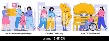 Hilfe für benachteiligte Gruppen, Altenpflege, Hilfe bei Behindertenkonzepten mit Personen-Charakteren. Gemeinnützige, freiwillige Dienstleistungen Vektor Illustration pa Stock Vektor