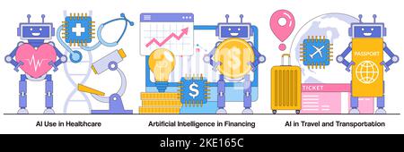 KI im Gesundheitswesen, künstliche Intelligenz in der Finanzierung, KI in Reise- und Transportkonzepten mit Robotercharakteren. Moderne Robotertechnologie Stock Vektor