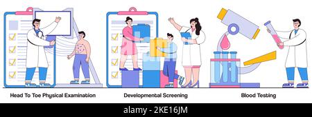 Körperliche Untersuchung von Kopf bis Fuß, Entwicklungsscreening, Konzepte zur Blutuntersuchung mit Personen. Pädiatrisches Paket mit Vektorgrafiken zur Überprüfung. Stock Vektor