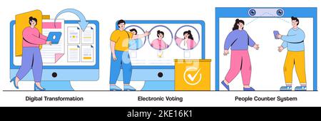 Digitale Transformation, elektronisches Voting, Menschen begegnen Systemkonzepten mit Menschen-Charakteren. Digitalisierungs-Illustrationspaket. Papierloser Workflow Stock Vektor