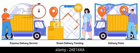 Express-Zustellung, intelligente Online-Verfolgung, Kurier- und Bestellpunktkonzepte mit Personen-Charakteren. Paketversand Services Illustrationspaket. Stock Vektor