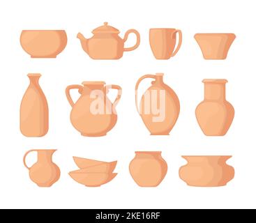 Tonvasen. Keramik alten Keramik Küchengeschirr, Steingut Tasse Topf Gefäß Wasserkocher Krug Krug Utensil dekoratives Kochgeschirr Sortiment flachen Stil. Vektor-Set von Vase Ton Keramik Illustration Stock Vektor