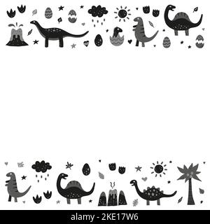 Poster mit schwarzen Doodle-Dinosauriern und anderen Ikonen im skandnavischen Stil auf weißem Hintergrund. Stock Vektor