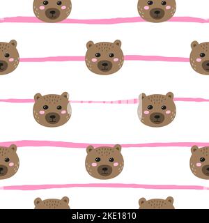 Nahtloses Muster mit kritzelfarbigen Bärengesichtern und Streifen. Stock Vektor