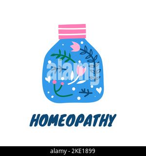 Bunte skandinavische Doodle medizinische Flasche mit floralem Ornament, Blumen, Blätter, Kräuter isoliert auf weißem Hintergrund. Perfekt für Plakate, Karten, Ban Stock Vektor