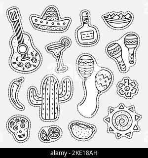 Set von Doodle uncolored Cinco de Mayo Aufkleber isoliert auf weißem Hintergrund. Stock Vektor