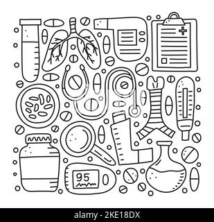 Satz von Doodle umreißt pulmonologische Elemente, einschließlich Lunge, Luftröhre, Spirometer, Lupe, Bakterien, Pulsoximeter, Pick-Flow-Meter, Pocket-Inhalator, Steth Stock Vektor