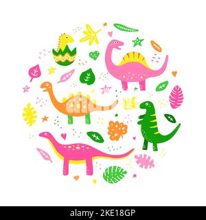 Bunte Doodle-Dinosaurier und tropische Blätter in Kreisform zusammengesetzt. Stock Vektor