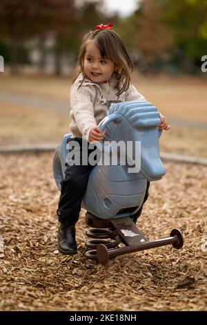 Entzückendes, 3 Jahre altes kleines Mädchen, das im Herbst in einem Stadtpark in British Columbia, Kanada, auf einem Spielplatz reitet und fröhlich lächelt Stockfoto