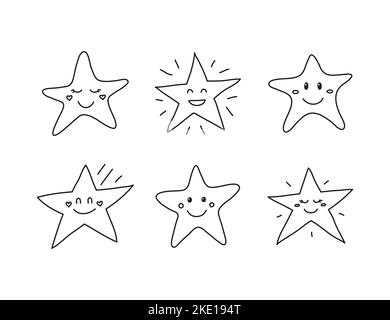 Satz von Doodle Umriss Stern glücklich Zeichen Symbole auf weißem Hintergrund isoliert. Stock Vektor
