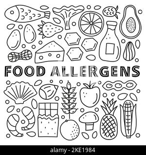 Poster mit Schriftzügen und Doodle umreißen Symbole für Lebensmittelallergene, darunter Fisch, Meeresfrüchte, Käse, Milch, Weizen, Pilze, Zitrusfrüchte, Honig, Schokolade, Tropf Stock Vektor