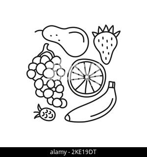 Doodle outline Traube, Birne, Erdbeere, Banane, Orange, himbeere isoliert auf weißem Hintergrund. Gruppe von Früchten und Beeren. Stock Vektor