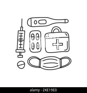 Gruppe von einfachen Doodle skizzieren medizinische Symbole einschließlich erste-Hilfe-Kit, Thermometer, Pillen Blister, medizinische Maske, Spritze isoliert auf weißem Hintergrund. Stock Vektor