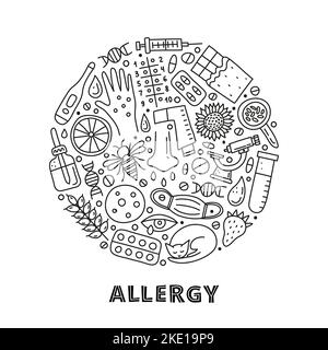 Doodle skizzieren Allergie-Symbole, einschließlich Hautausschlag, runny Eye, Maske, Katze, Honigbiene, Mikroskop, dnk, Pipettenflasche, Spritze, Thermometer in c Stock Vektor