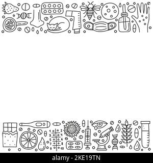 Poster mit Kritzeln skizzieren Allergie-Symbole einschließlich Hautausschlag, runny Eye, Maske, Katze, Honigbiene, Mikroskop, dnk, Pipettenflasche, Spritze, Thermometer A Stock Vektor