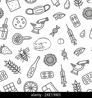 Schwarz-Weiß-Nahtloses Muster mit Kritzeln Umrisse Allergie-Symbole einschließlich Hautausschlag, runny Eye, Maske, Katze, Honigbiene, Mikroskop, dnk, Pipettenbott Stock Vektor