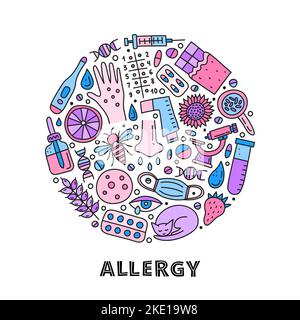 Kritzelfarbene Allergiesymbole, darunter Hautausschlag, laufes Auge, Maske, Katze, Honigbiene, Mikroskop, dnk, Pipettenflasche, Spritze, Thermometer in c Stock Vektor