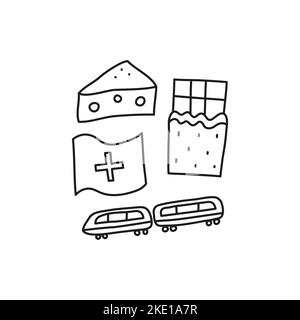 Doodle skizzieren Schweizer Flagge, Käse, Schokolade und Zug Symbole isoliert auf weißem Hintergrund. Stock Vektor