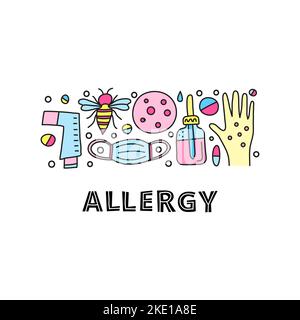 Beschriftung und Gruppe von kritzelfarbenen Allergiesymbolen, einschließlich Taschentascher, medizinischer Maske, Hautausschlag, Honigbiene, Pipettenflasche, Hand, Pillen isoliert Stock Vektor