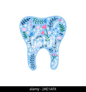 Bunte Doodle Zahn mit skandinavischen floralen Ornament, Blumen, Blätter, Kräuter isoliert auf weißem Hintergrund. Kann für Zahnplakate, Drucke, Stock Vektor