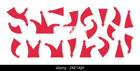 Rote Angriffspfeile. Cartoon-Zeigersymbole für das Design von Karten-Infografik, flach, einfach vorwärts, zurück nach unten, Cursor, taktische Elemente. Vektor-isolierter Satz von p Stock Vektor
