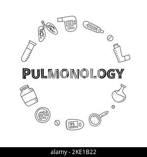 Poster mit Doodle umreißt pulmonologische Gegenstände, einschließlich Lungen, Spirometer, Lupe, Bakterien, Durchflussmesser, Taschentascheninhalator und Beschriftung isoliert auf Stock Vektor