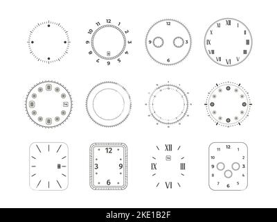 Analoges Ziffernblatt. Zifferblatt mit Zeitnummern Chronometer Stoppuhr, elegante Vintage-Kreise mechanische Armbanduhren-Elemente. Vektor-isolierter Satz von Stock Vektor