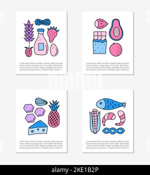 Karten mit Symbolen für Lebensmittelallergene in Doodle-Farben, darunter Fisch, Meeresfrüchte, Käse, Milch, Weizen, Eier, Zitrusfrüchte, Honig, Schokolade, Früchte. Platz für Text. Stock Vektor