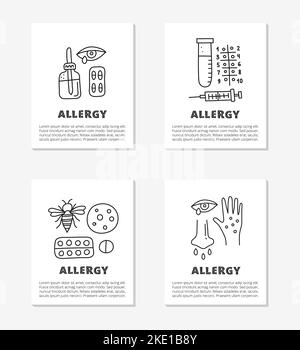 Karten mit Kritzeln skizzieren Allergiesymbole, einschließlich Hautausschlag, runny eye, Honigbiene, Pipettenflasche, Spritze, Pillen Blister, Reagenzglas, Nase, Hand isola Stock Vektor