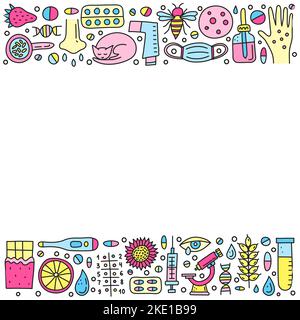 Poster mit kritzelfarbenen Allergiesymbolen wie Hautausschlag, runny Eye, Maske, Katze, Honigbiene, Mikroskop, dnk, Pipettenflasche, Spritze usw. isoliert Stock Vektor
