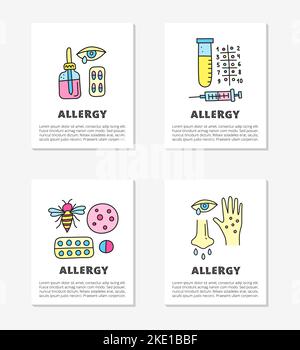 Karten mit kritzelfarbenen Allergiesymbolen wie Hautausschlag, runny eye, Honigbiene, Pipettenflasche, Spritze, Pillen Blister, Reagenzglas, Nase, Hand isola Stock Vektor