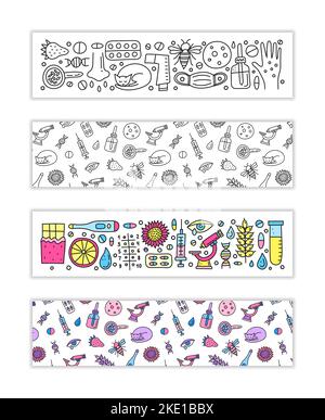 Horizontale Banner mit kritzelfarbenen Allergiesymbolen wie Hautausschlag, runny Eye, Maske, Katze, Honigbiene, Mikroskop, dnk, Pipettenflasche, Spritze, t Stock Vektor