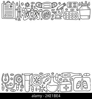 Poster mit Doodle skizzieren Tuberkulose-Elemente, einschließlich Lunge Röntgen, medizinische Maske, Mikroskop, Thermometer, Spritze, Lupe, Bakterien, Taschentascheninhalator Stock Vektor