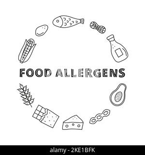 Doodle skizzieren Symbole für Lebensmittelallergene, darunter Mais, Ei, Fisch, Erdnuss, Milch, Papaya, Bohnen, Käse, Schokoladenweizen in Kreisform. Stock Vektor