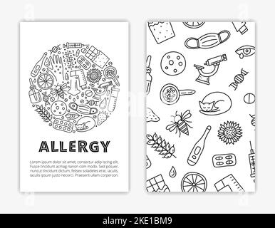 Karten-Vorlagen mit Doodle umreißen Allergie-Symbole. Verwendete Begrenzungsmaske. Stock Vektor