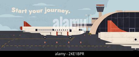 Flughafenterminal und Flugzeuge auf der Start- und Landebahn. Flugplatz der flachen Metropole mit Flugzeug. Flug- oder Urlaubsreisen mit dem Lufttransport. Flugstation, Flugplatz Cartoon Vektor Illustration Stock Vektor