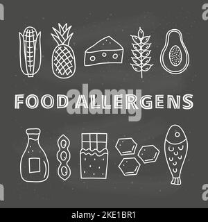 Poster mit Schriftzügen und Doodle umreißen Symbole für Lebensmittelallergene, darunter Mais, Ananas, Käse, Weizen, Papaya, Milch, Bohnen, Schokolade, Honigkämme, f Stock Vektor
