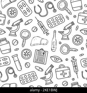 Nahtloses Schwarz-Weiß-Muster mit kritzelfarbenen medizinischen Hepatitis-Symbolen einschließlich Leber, Mikroskop, Spritze, Reagenzglas, Auge, Verbandskasten, Set Stock Vektor