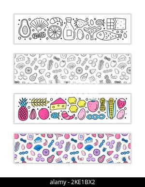 Horizontale Banner mit Symbolen für Doodle-Lebensmittelallergene, darunter Fisch, Meeresfrüchte, Käse, Milch, Weizen, Pilze, Zitrusfrüchte, Honig, Schokolade, Früchte. Verwendet c Stock Vektor