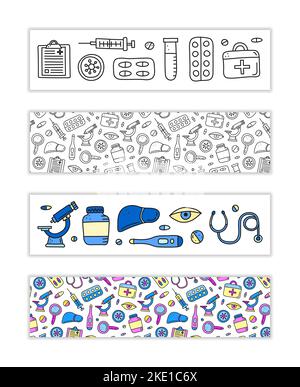 Banner mit Doodle Hepatitis medizinischen Symbolen einschließlich Leber, Mikroskop, Spritze, Reagenzglas, Auge, Erste-Hilfe-Kasten, Stethoskop-Lupe, Virus isoliert auf Stock Vektor