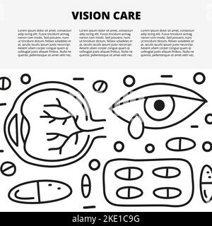 Artikelvorlage mit Platz für Text und Doodle skizzieren ophthalmologische Symbole einschließlich runny Eye, Hornhaut, Pillen Blister isoliert auf weißem Hintergrund. Stock Vektor