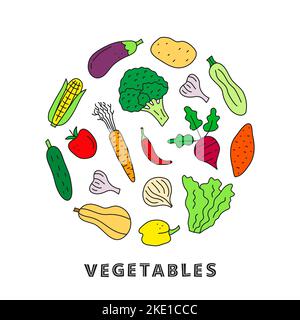 Niedliche Doodle bunte Lebensmittel Gemüse Symbole wie Brokkoli, Knoblauch, Gurke, Süßkartoffel, Zwiebeln, Mais, Rüben, Zucchini, Auberginen, Butternut, Tomate Stock Vektor