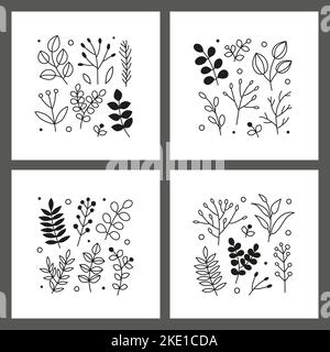 Set von Karten mit Doodle schwarz und skizzieren Blattzweige, wilde Kräuter, Pflanzen, Beeren isoliert auf grauem Hintergrund. Stock Vektor