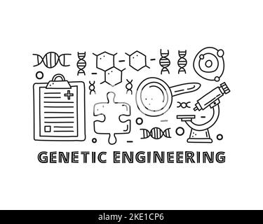 Gruppe von Doodle skizzieren gentechnische Symbole einschließlich dna, Mikroskop, leere Zwischenablage, Molekül, Lupe, puzzle Stück isoliert auf weißem Hintergrund Stock Vektor