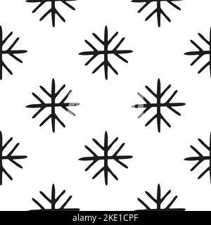 Schlichtes Schwarz-Weiß-Nahtloses Muster mit kritzelndem Doodle-Schneeflocken. Stock Vektor