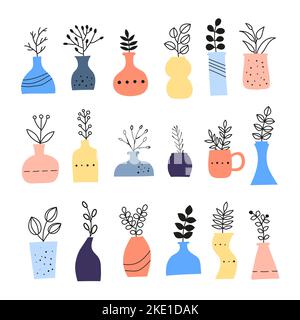 Set aus verschiedenen Doodle bunte Wildpflanzen, Kräuter, Zweige, Beeren in Vasen, Töpfe, Gläser auf weißem Hintergrund isoliert. Einfache Inneneinrichtung. Stock Vektor